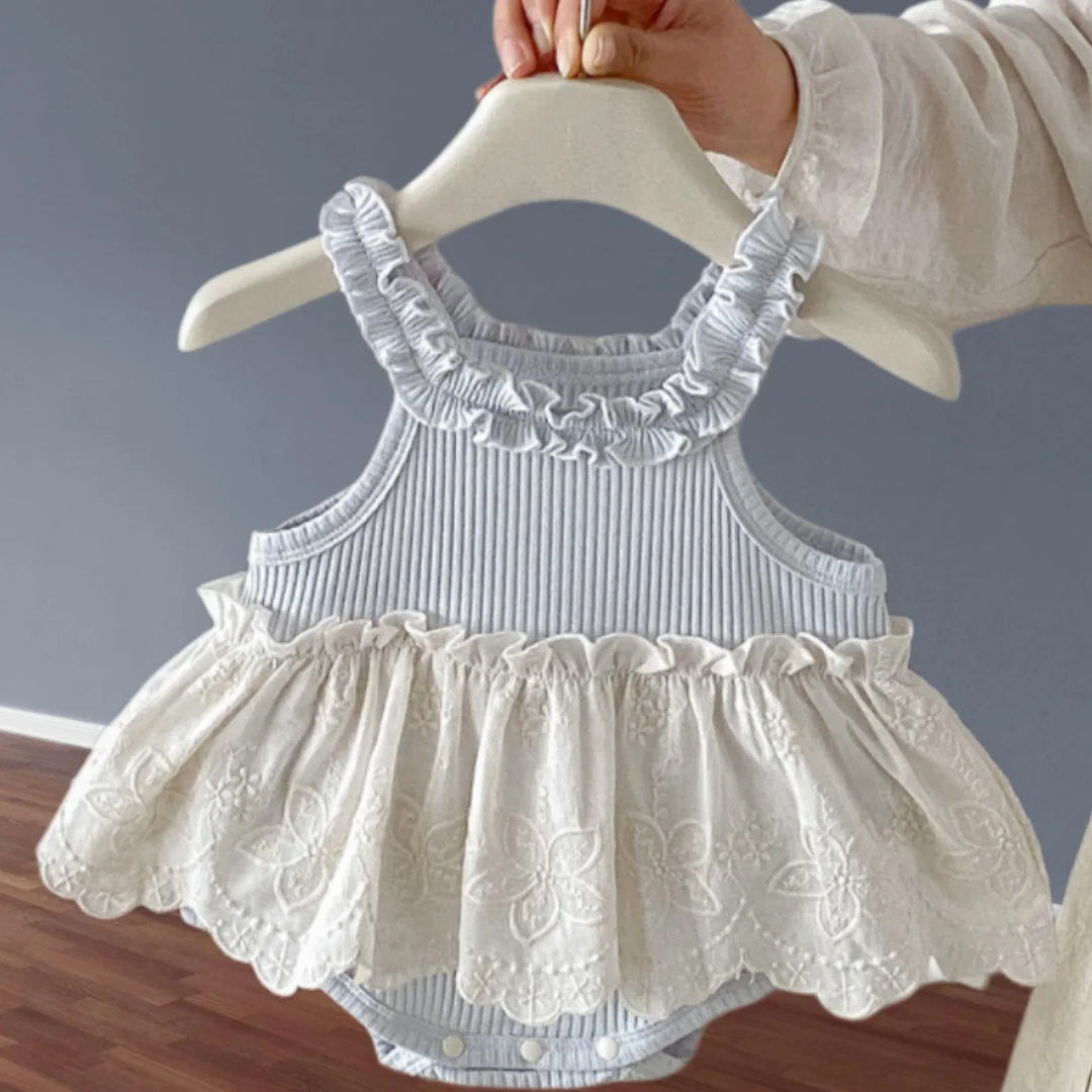 2026 Summer Sweet Style Baby Bodysuit Lace Ruffle Emboss Sleeveless Beige+ Blue Jumpsuit for Girls Thin Soft Toddler Romper