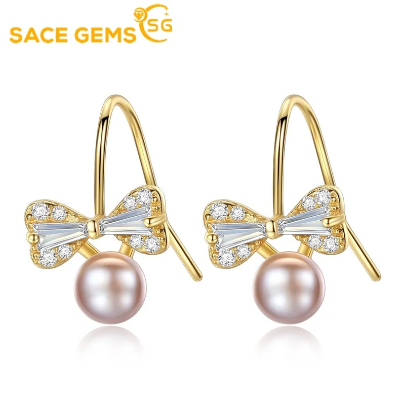 

SACE GEMS Women Earrings S925 Sterling Silver Natural Pearl Eardrop Zircon Fashion Boutique Jewelry Gift Cute Bow Ear Stud