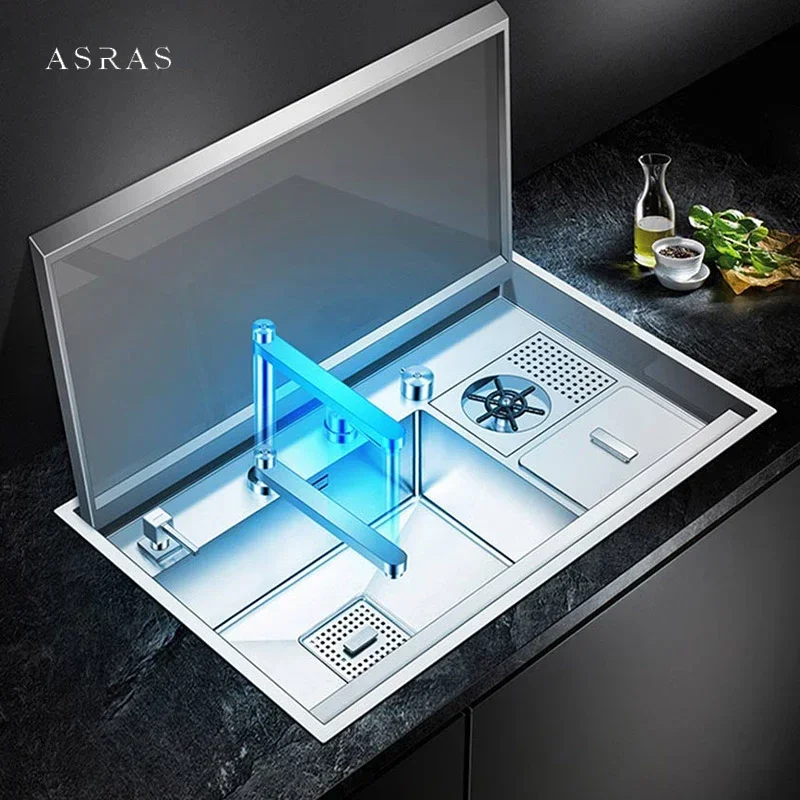 ASRAS Hidden kitchen Sink Single Flip Cover Hidden Large Size 304 Stainless Steel 4mm Thickness Handmade Brushed kitchen Sink