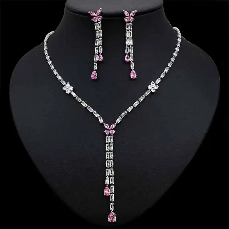 

HIBRIDE Brilliant 2PCS Cubic Zirconia Luxury Bridal Wedding Necklace Jewelry Set For Women Dinner Party Accessories Bijoux N-927