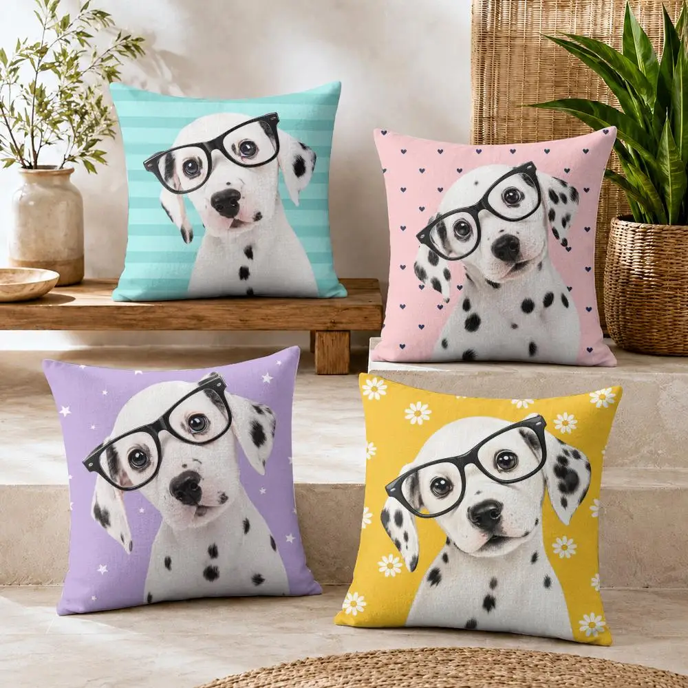 Dalmatian Dog With Glasses Cushion Cover Short Plush Soft Double-Sided Printing Pillow Case Cozy Sofa Bedroom Home Decor Gift
