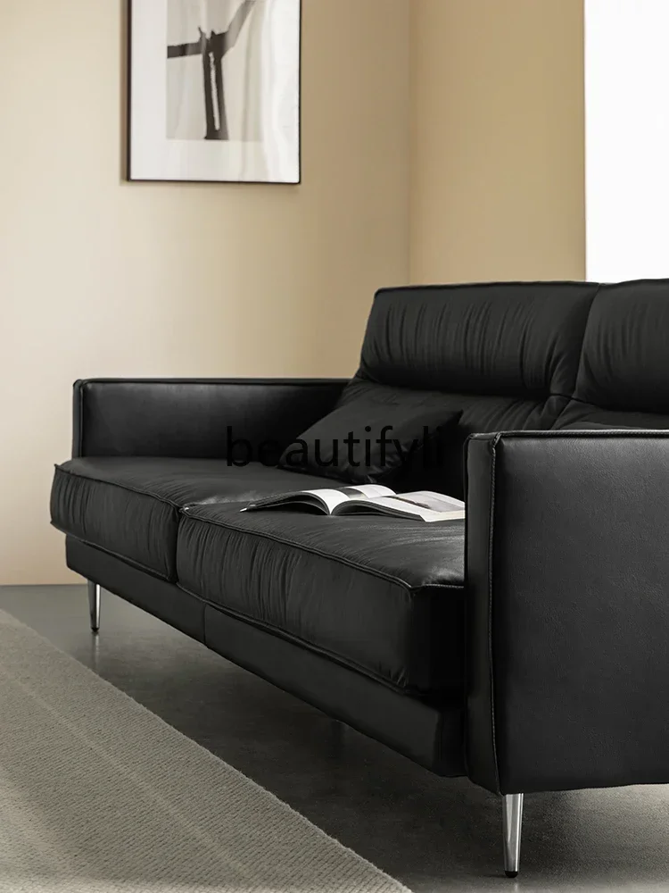 

ss C ss CBlack all-leather sofa Italian minimalist living room high backrest first layer cowhide three-person straight row sofa