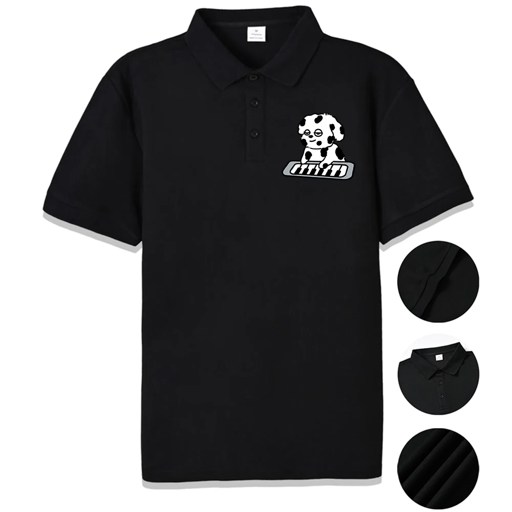 

Мужские футболки с принтом пятнистой собаки на фортепиано, летние удобные рубашки поло с культурным воротником, мягкие футболки, повседневная мягкая мужская одежда