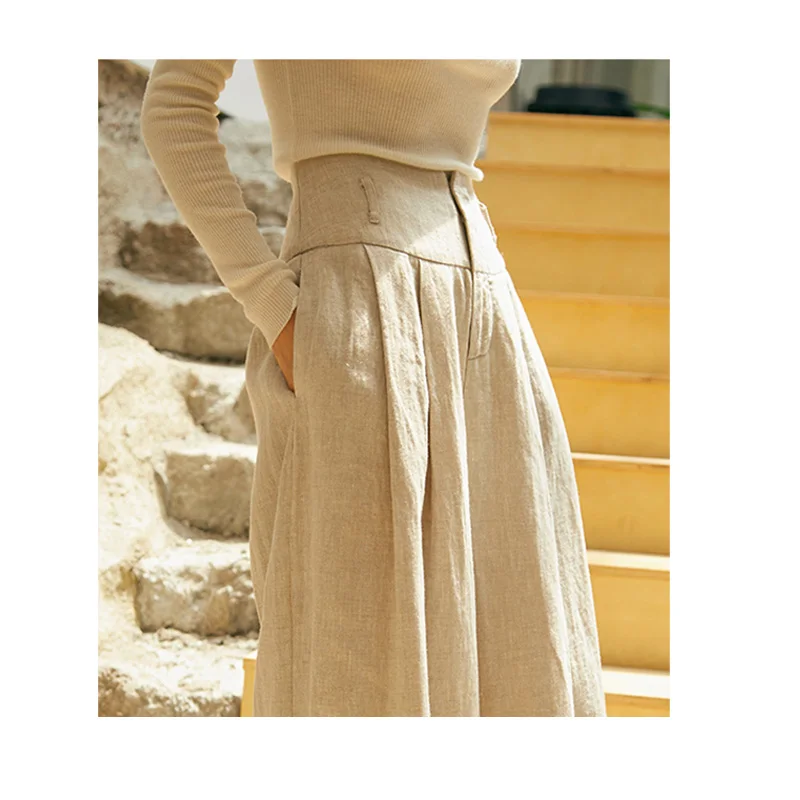 سراويل Fengbaoyu الراقية 100% من الكتان الخالص للنساء عالية الخصر بطول الأرض - سراويل كاجوال بسيطة وأنيقة وفضفاضة