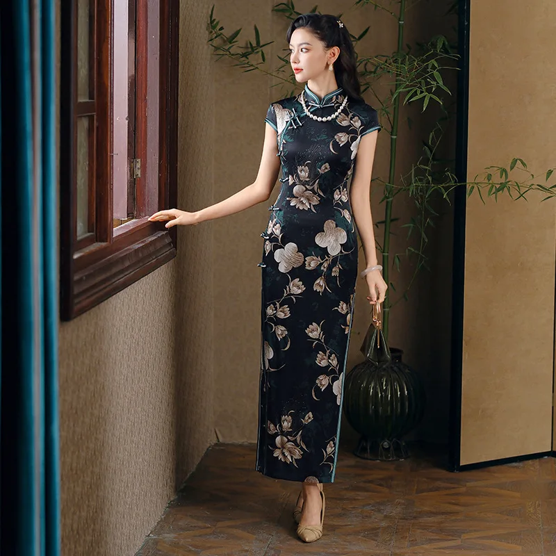 

Retro Long High-End Black High Quality Real Silk Dress Cheongsam Qipao Silk Women's Summer Catwalk Improved Daily Slimming