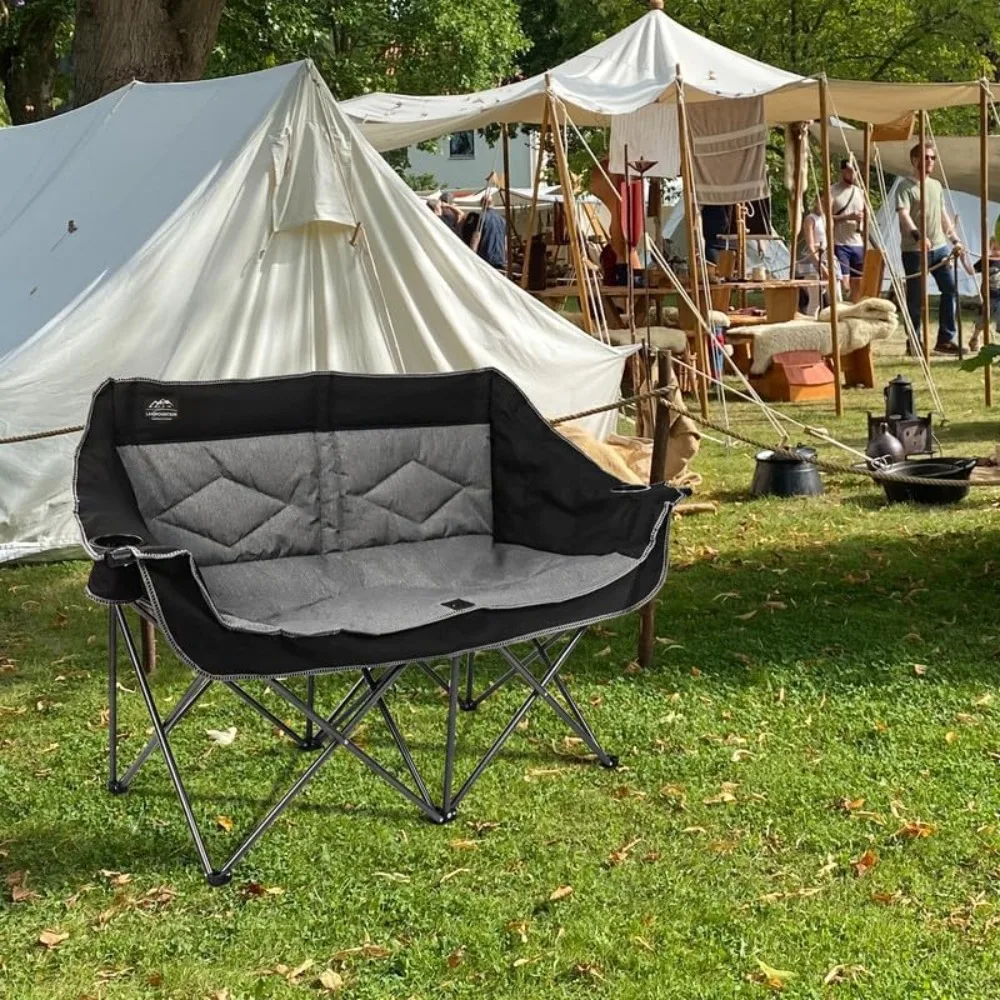 كرسي تخييم قابل للطي بمقعدين، كرسي مزدوج محمول مع حامل أكواب، حامل زجاجي للنبيذ، حقيبة حمل كرسي حديقة عالي التحمل لـ 2