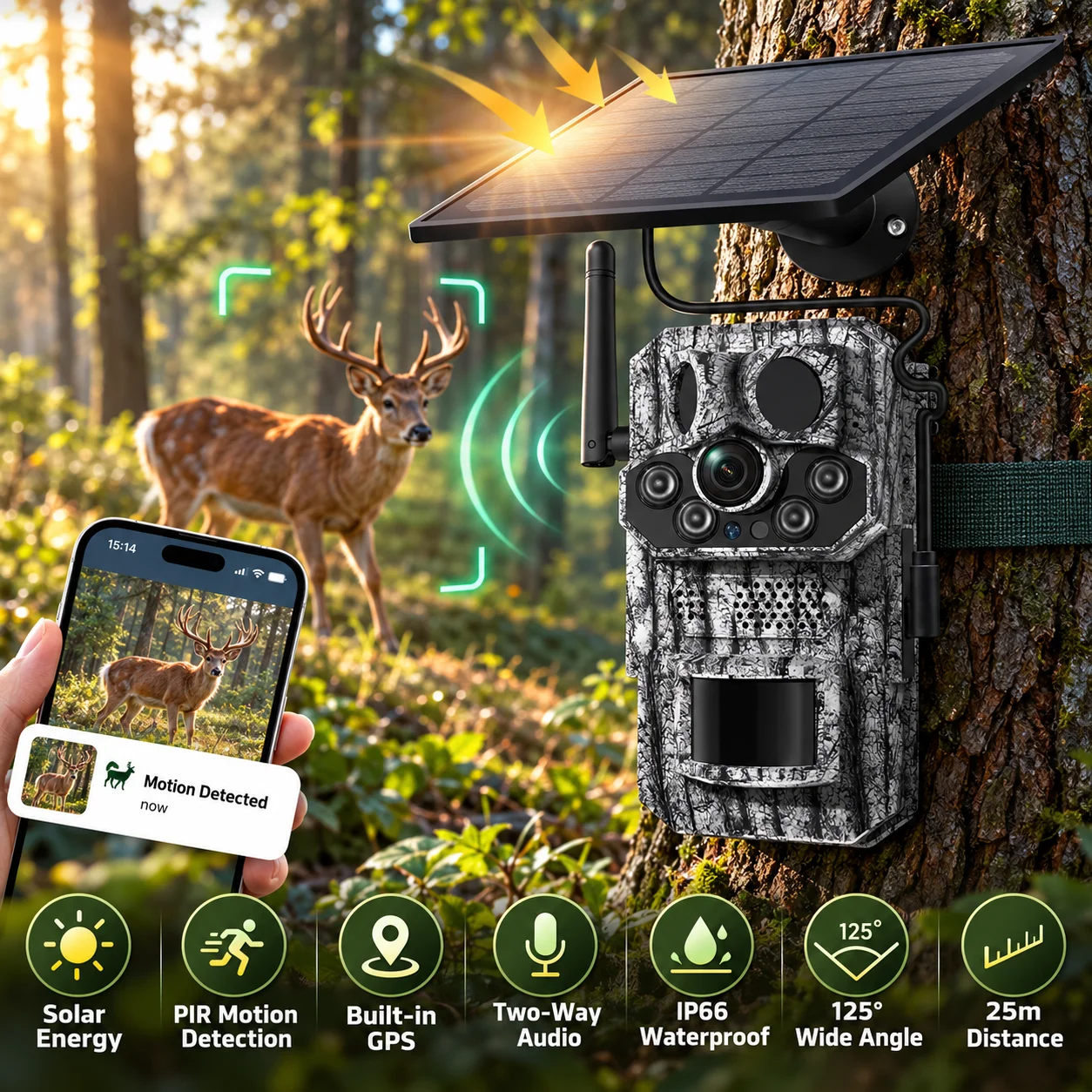 Kamera do obserwacji dzikiej przyrody zasilana energią słoneczną, wyposażona w 5-megapikselowy sensor, GPS, detekcję ruchu PIR, powiadomienia w aplikacji, dwukierunkową komunikację audio i