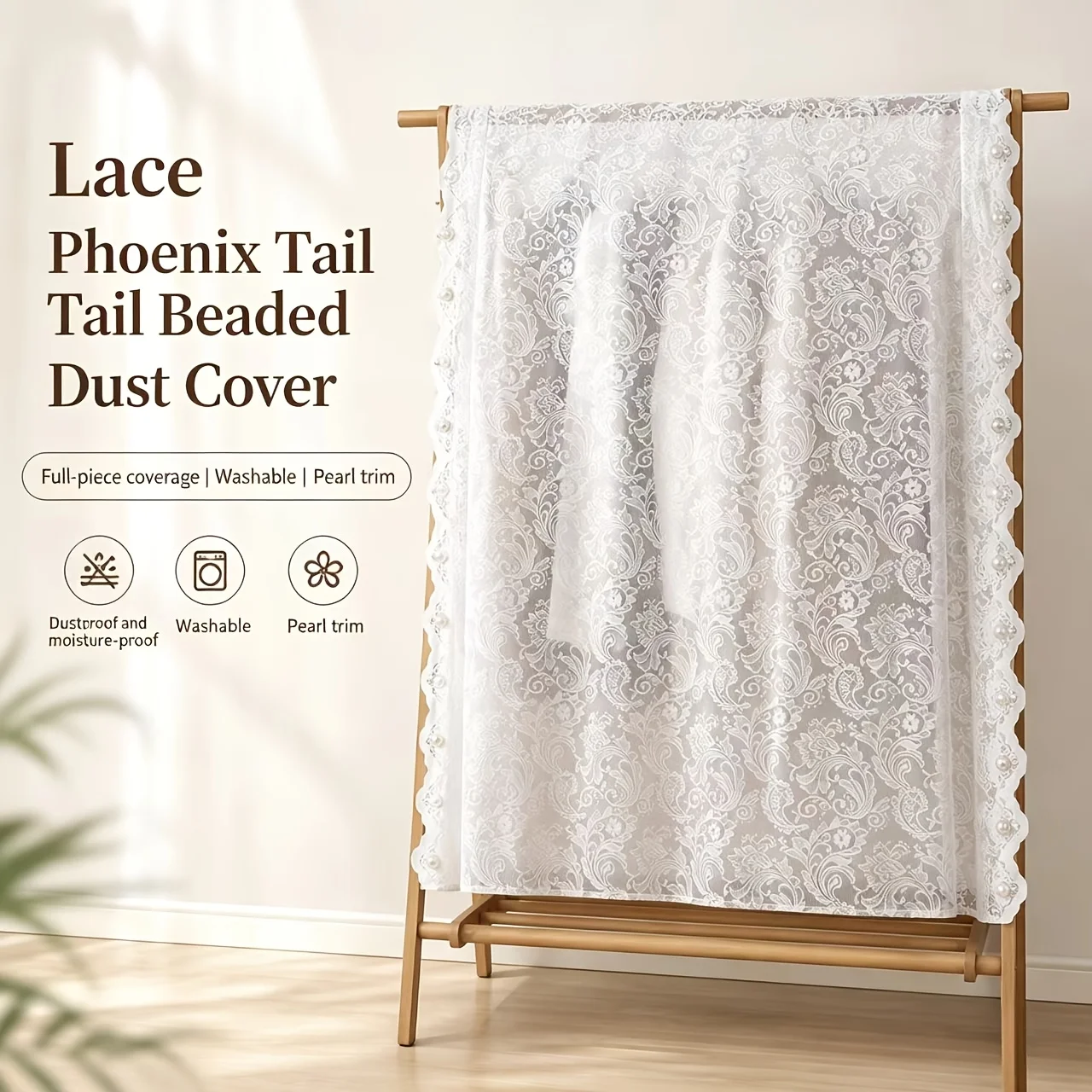 Vintage Lace Garment Rack Cover, French Retro Dust Cover with Pearl Design, Easy Lift Clothes Protector for Wardrobe Storage
