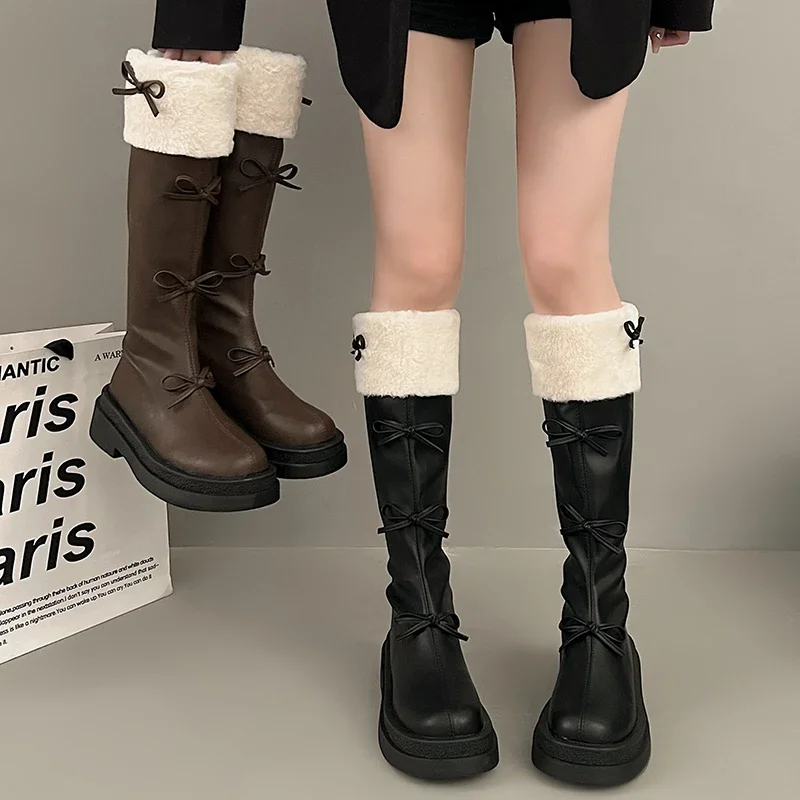 Sweet Butterfly Knot Woman's Boots 2023 New Korean Style Fashion Brown High Boots Plush Thickened Winter Ladies Knee-High Boots