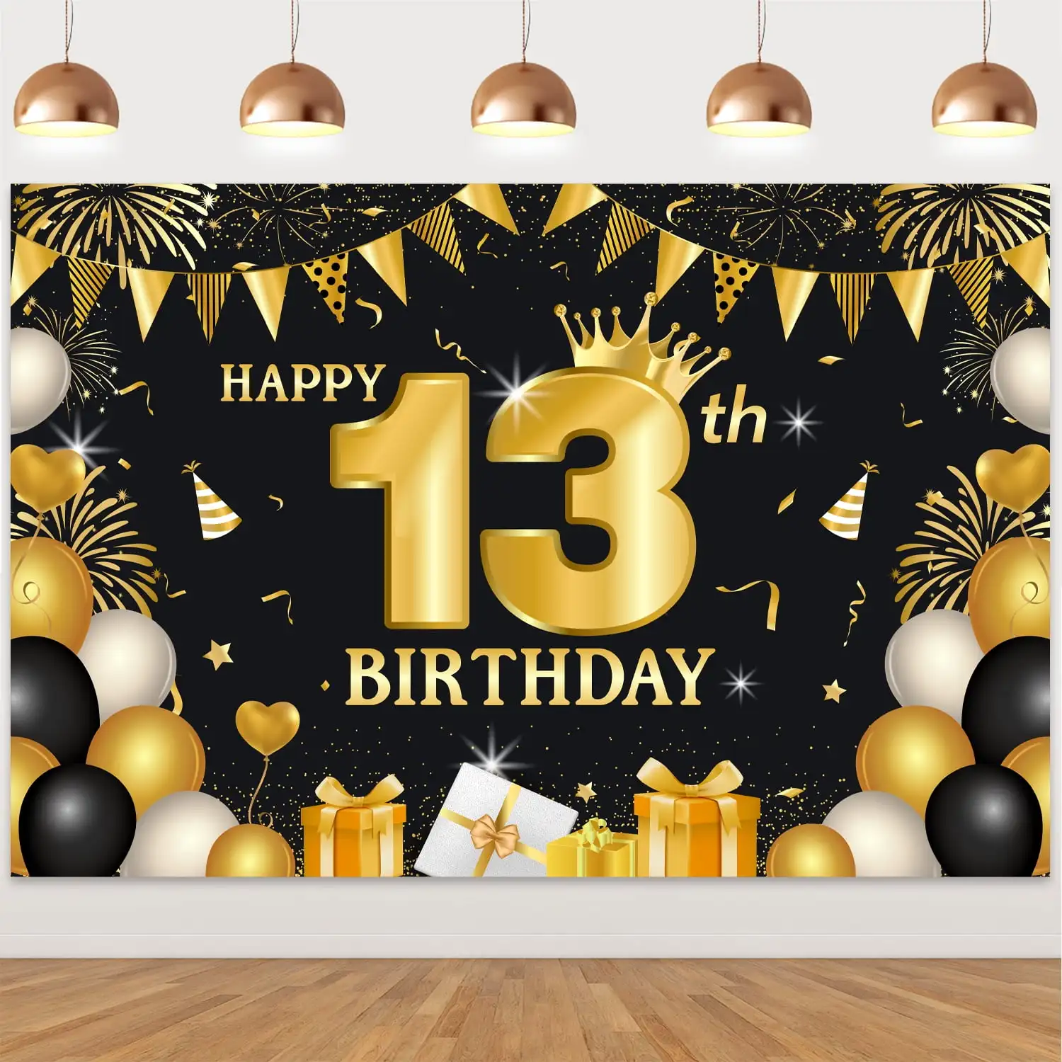 

Black Gold 13th Birthday Party Decor Happy 13th Birthday Backdrop Photo Background Decor for Boys Teenager 13 Years Old Birthday