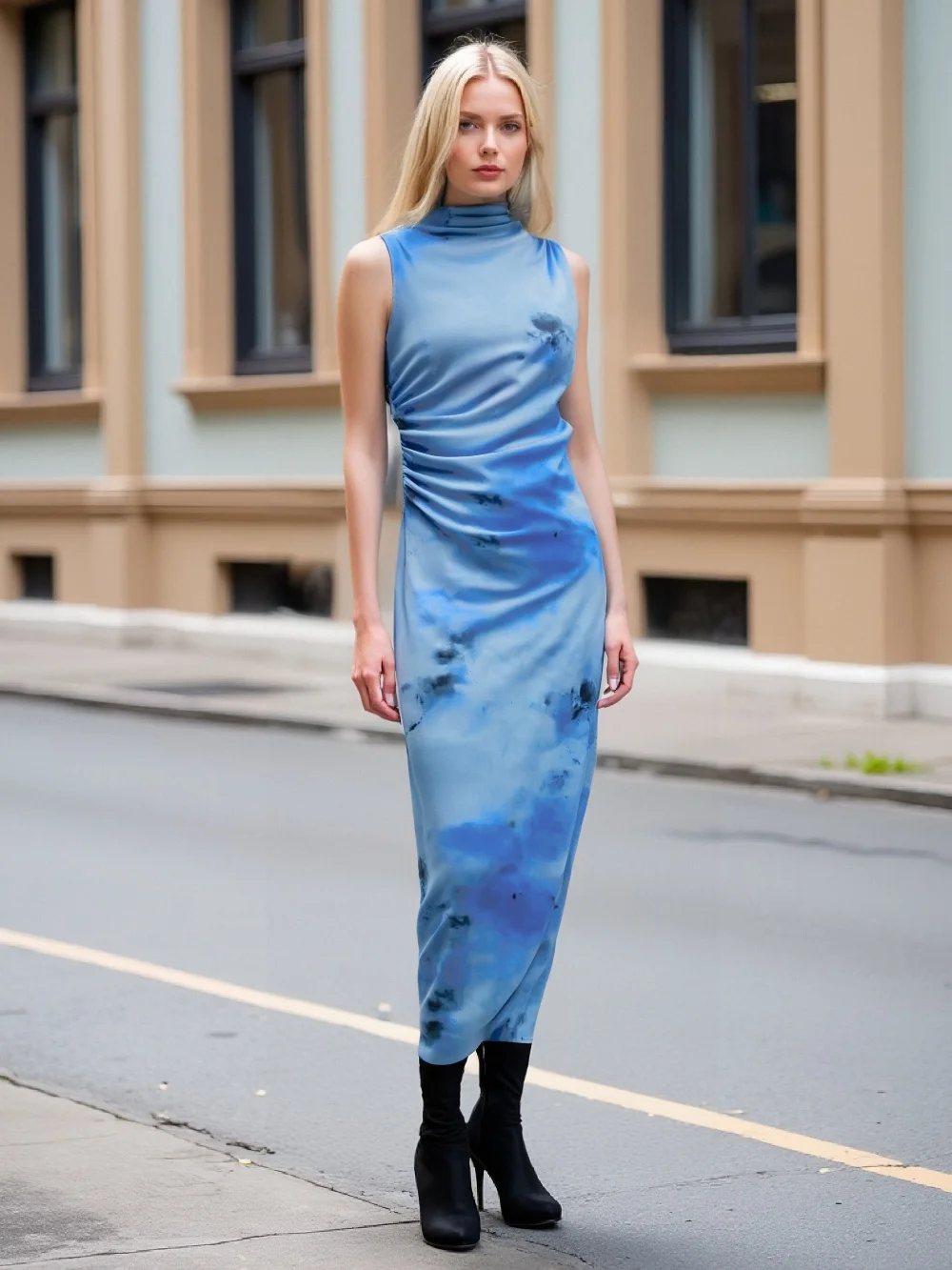 

PB&ZA 2025 Women Sleeveless High Neck Maxi Dress with Side Ruched Detail Stylish Blue Tie Dye Pattern for Fashionable Look