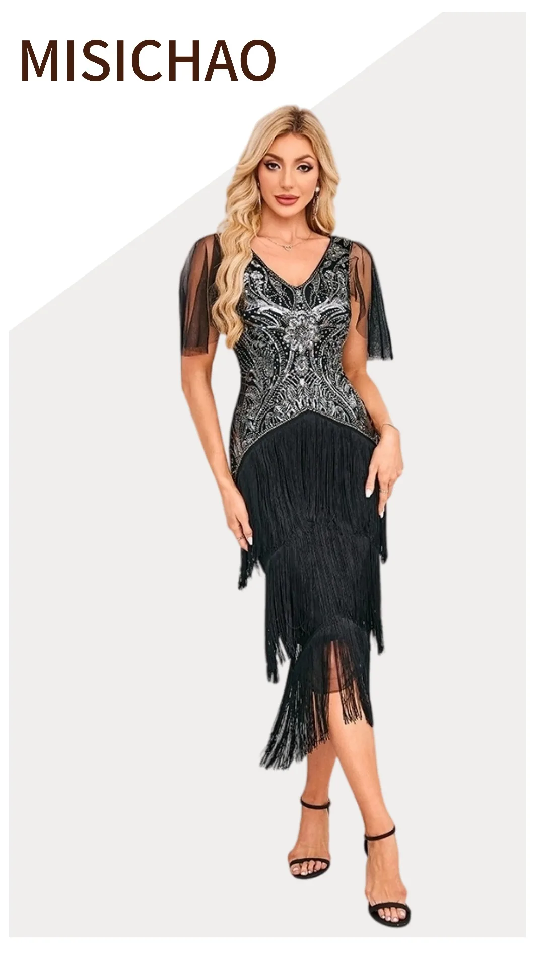 MISICHAO Vestido feminino flapper com decote em V, malha de lantejoulas e contas, manga curta, borla, franja, bainha, midi, vestido de coquetel de noite