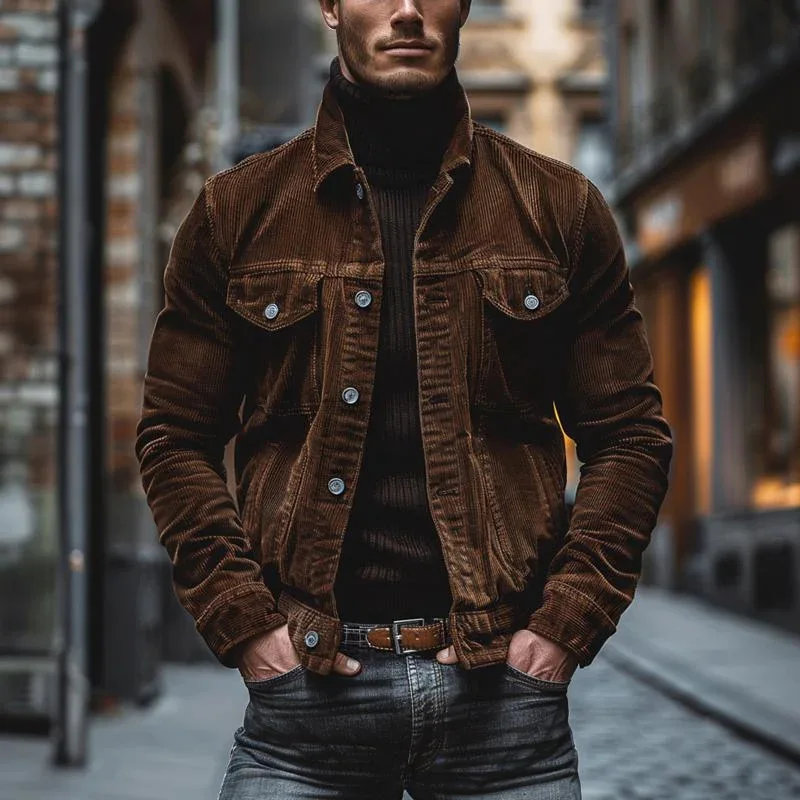 

Autumn Winter 2025 New Fashion Men's Single-breasted Long Sleeve Turn-down Collar Striped Corduroy Jacket Male Clothes Coats