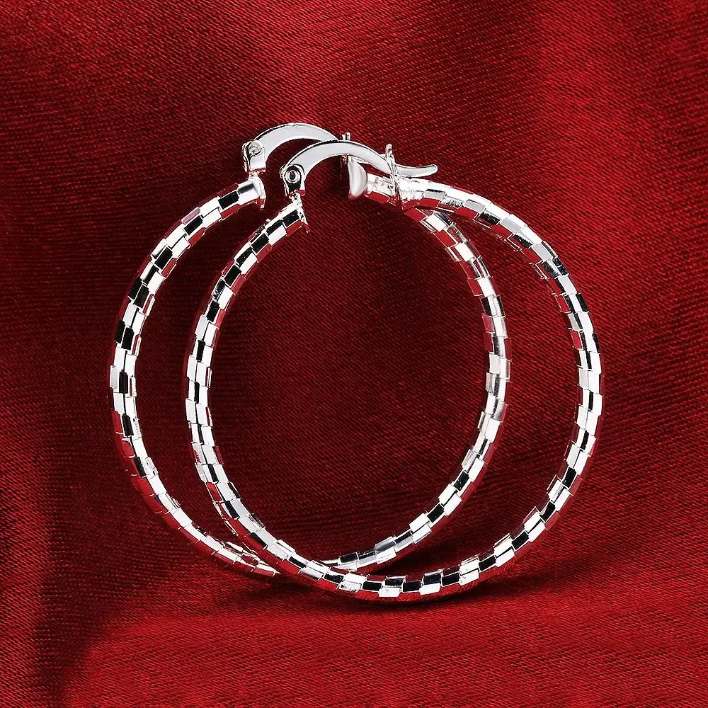 925 Sterling silver classic Lattice pattern 4CM Big circle hoop Earrings for Women high quality fashion Jewelry wedding Gifts