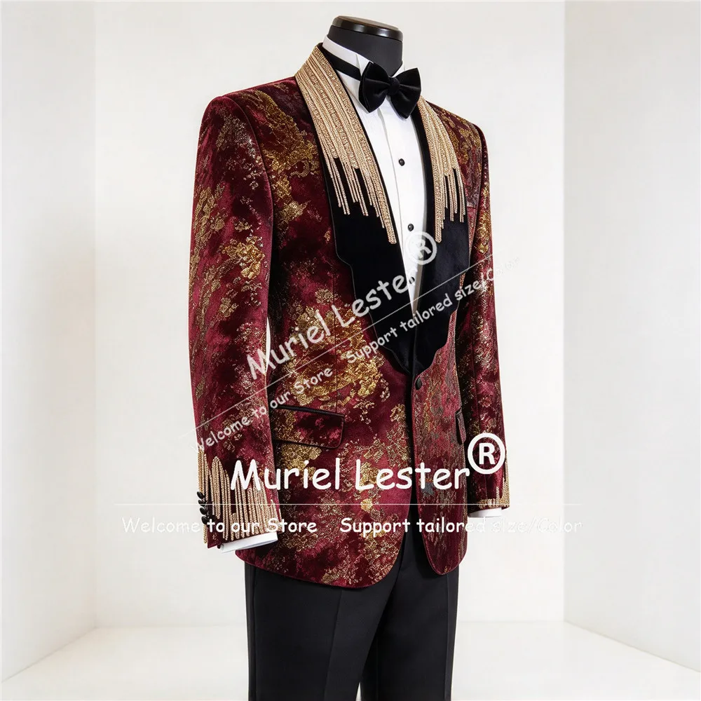 Unique Design Suit Set Men For Wedding Beaded Stones Lapel Jacquard Print Groom Prom Blazer Customized 2 Pieces Man Tuxedos 2027