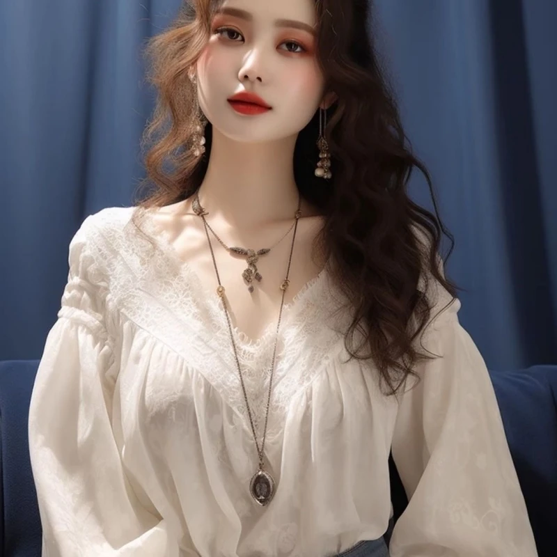 

Large Size 300 Pou Lace Patchwork Long Sve irt Men's Spring Autumn V-ne Small Fraance Sle Top Youth Faion