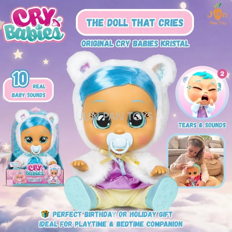 Original Cry Babies Dressy Kristal Polar Bear Theme Purple Dress White Fluffy Jacket with Animal Ears Baby Sleep Doll Gift Toys