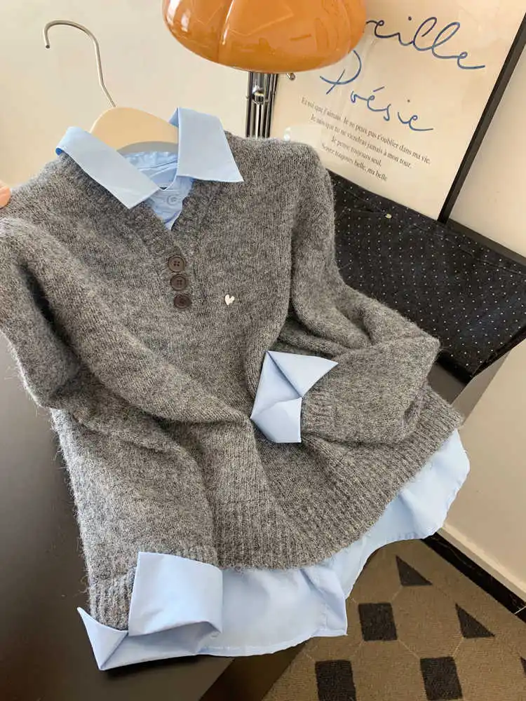 

Женский серый искусственный мягкий свитер из двух предметов, шикарный дизайн на пуговицах, трикотажные топы с длинными рукавами, новые темпераментные универсальные пуловеры