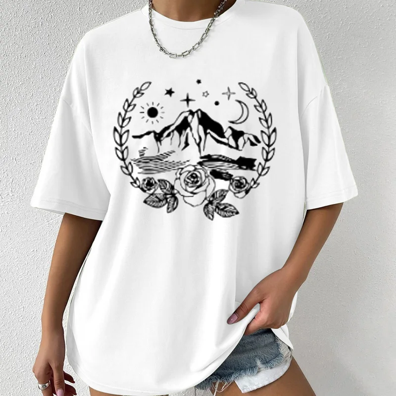 Rose Mountain Cotton Material Retro  Cute T Shirts O-neck Casual Summer Woman Tshirts 2022 Fashion Streetwear Kawaii Clothes