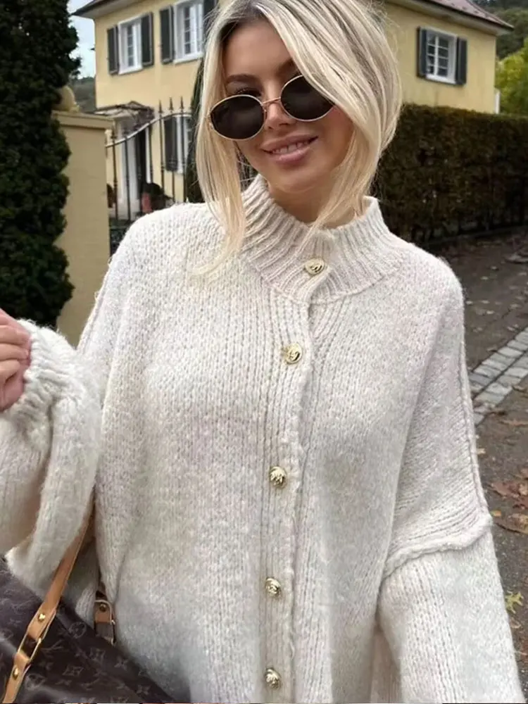 

HH 2025 Spring Elegant Knitted Cardigan For Women Long Batwing Sleeves O Neck Vintage Single Breasted Solid Elegant Coats