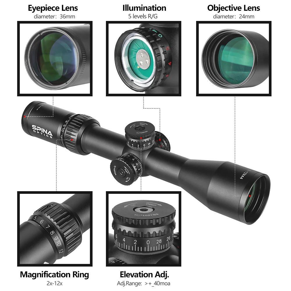 SPINA OPTICS HD 2-12X44 LPVO Tactical Hunting 3-150m Quick Focus Scope Sight