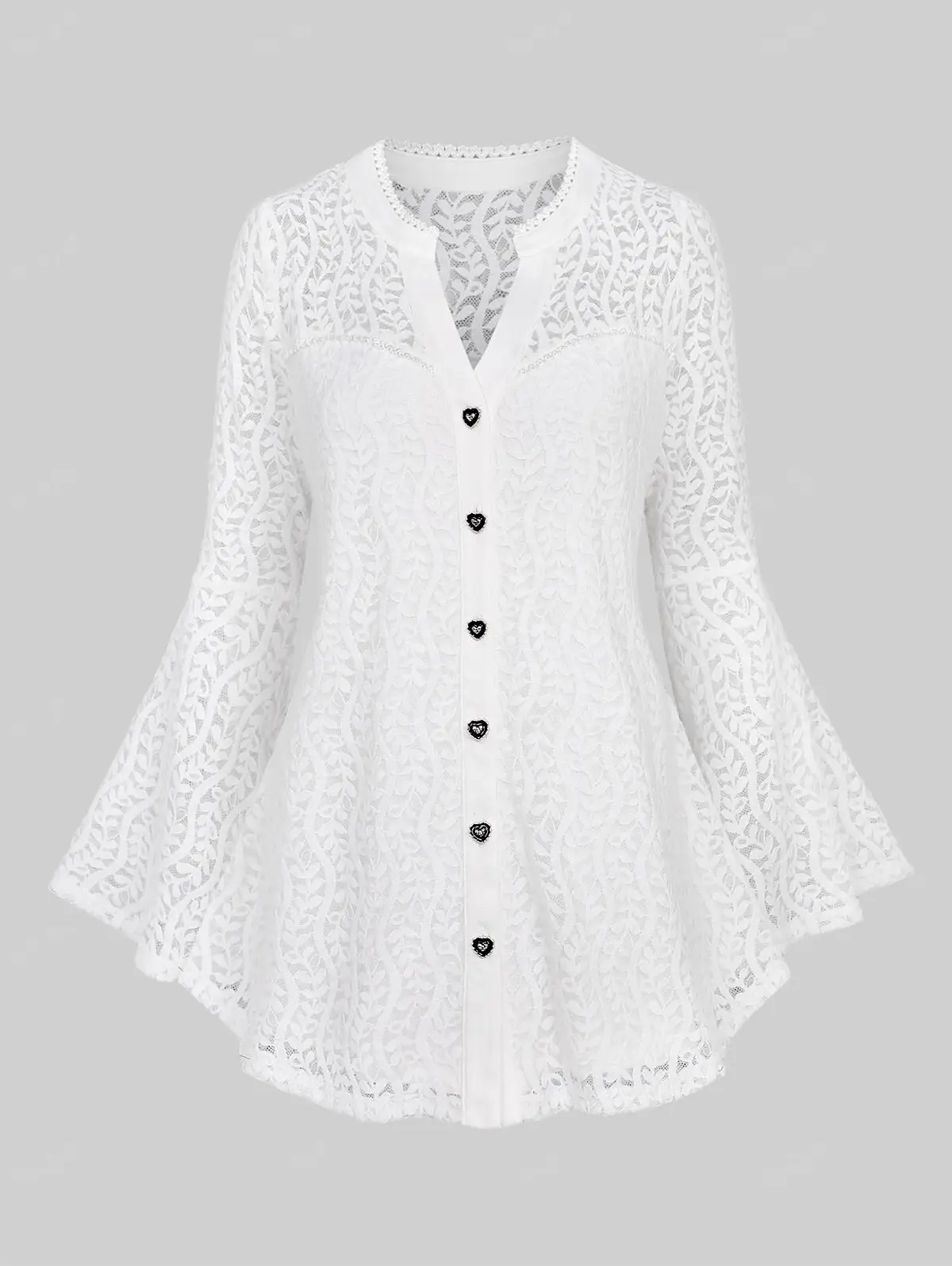 ROSEGAL Plus Size Women\'s Blouse Notched Collar Mesh Panel Heart Buttons Flare Sleeves Lace Trim Tops New White T-Shirts