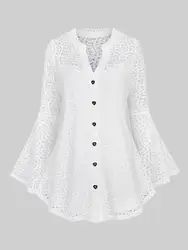 ROSEGAL Plus Size Women's Blouse Notched Collar Mesh Panel Heart Buttons Flare Sleeves Lace Trim Tops New White T-Shirts