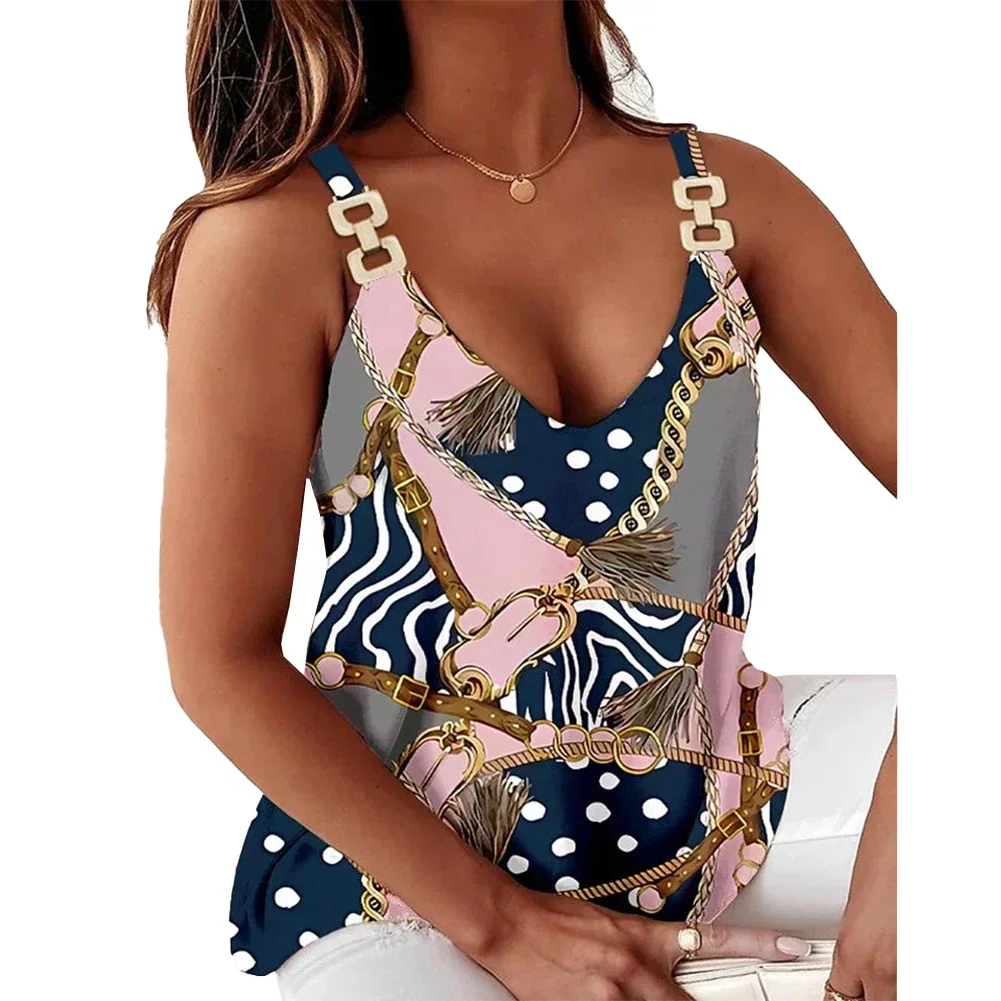 Women Summer V Neck Chain Strap Sleeveless Vintage Flower Print Pullover Tanks  Casual Slim Fitting Fashion Camis Short Top