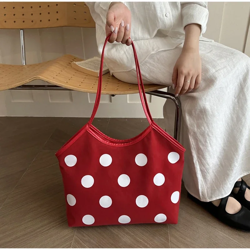 Koreanische Schultertasche mit Polka-Dot-Muster, Vintage-Kunsthandwerkliche Canvas-Tragetasche für Damen, lässige Alltagstasche mit Henkel. – Detail 23