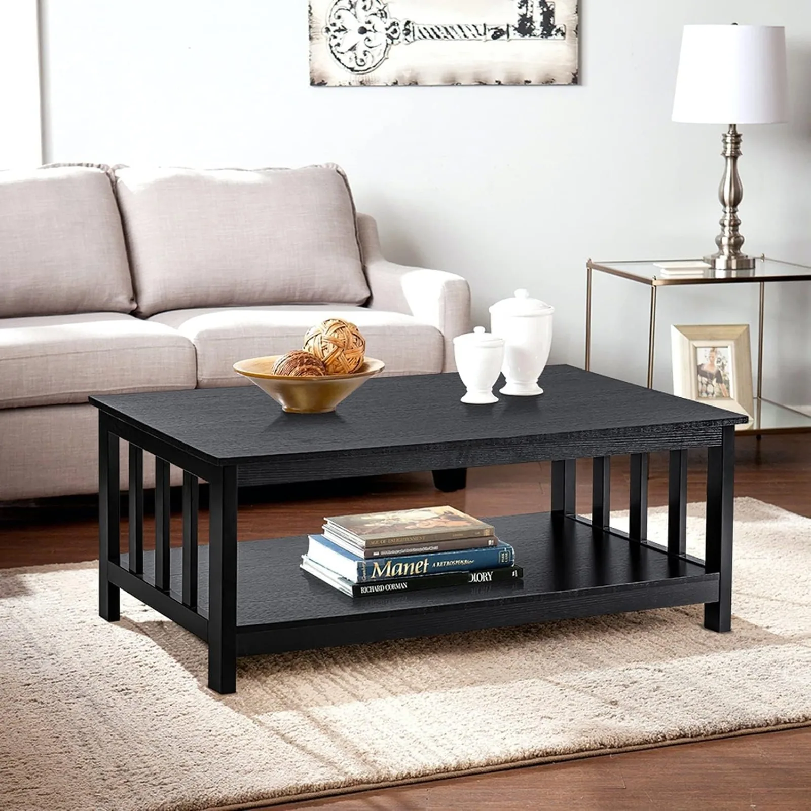 

US Mission Coffee Table, Black Wood Living Room Table with Shelf, 40 Black