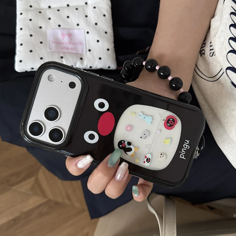 Coque de téléphone coréenne mignonne pingouin pour iPhone 17 Pro 16 15 Pro Max avec chaîne, étui antichoc pour Apple 17 Pro Max Kawaii Capa