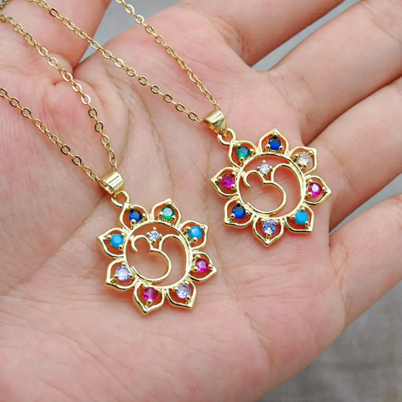 

Tibetan Buddhism Invisible Setting Copper Cubic Zirconia Chain Necklace Gold Color Om Plant Flower 18+2inch