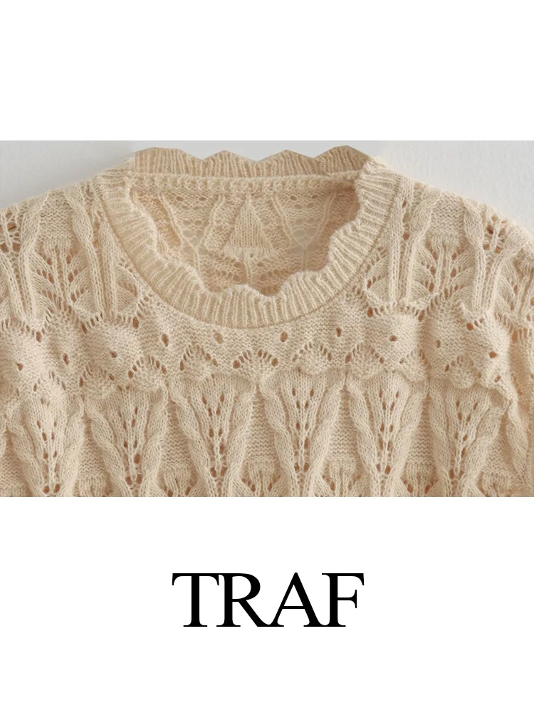 TRAF donna autunno inverno moda Chic pullover pendolare girocollo maniche lunghe scava fuori i maglioni delicati femminili di colore solido