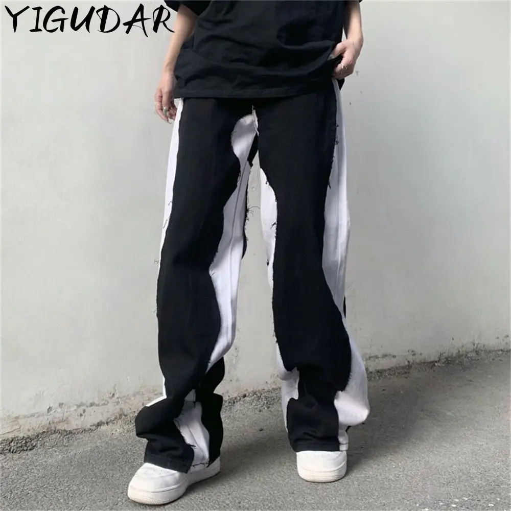 

Harajuku High Street Splicing Straight Jeans Female Fashion Gothic Clothing Y2K Streetwear Wide Leg Baggy Jeans Pants Woman