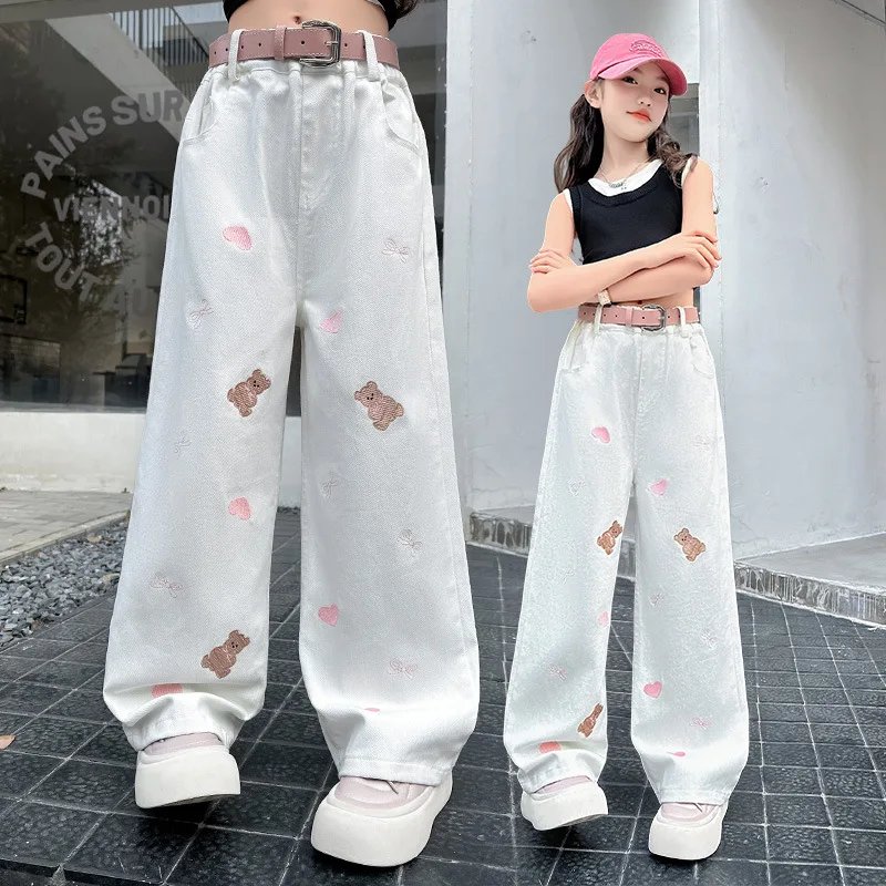 Spring Child Cotton Sports Pants with Cartoon For Girls Grey Color Casual Trousers Teenage Kids High Street Sporty Sweatpants