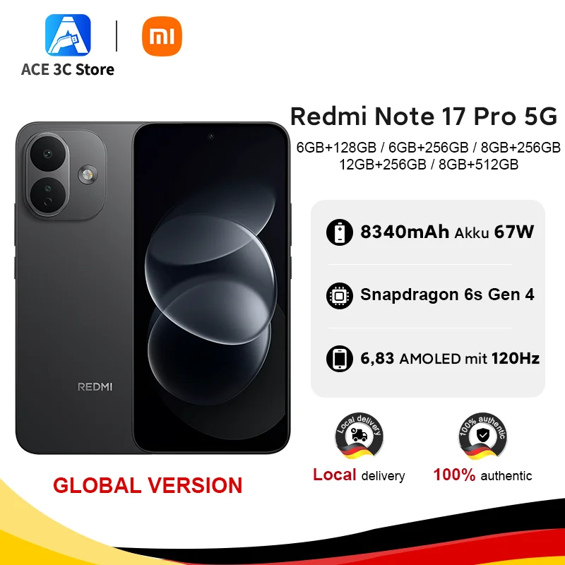 Redmi Note 17 Pro 5G Smartphone (globale Version) – 8340-mAh-Akku, 67-W-HyperCharge, 6,83-Zoll-1,5K-AMOLED-Display, Snapdragon 6s Gen 4 – Xiaomi-Handy