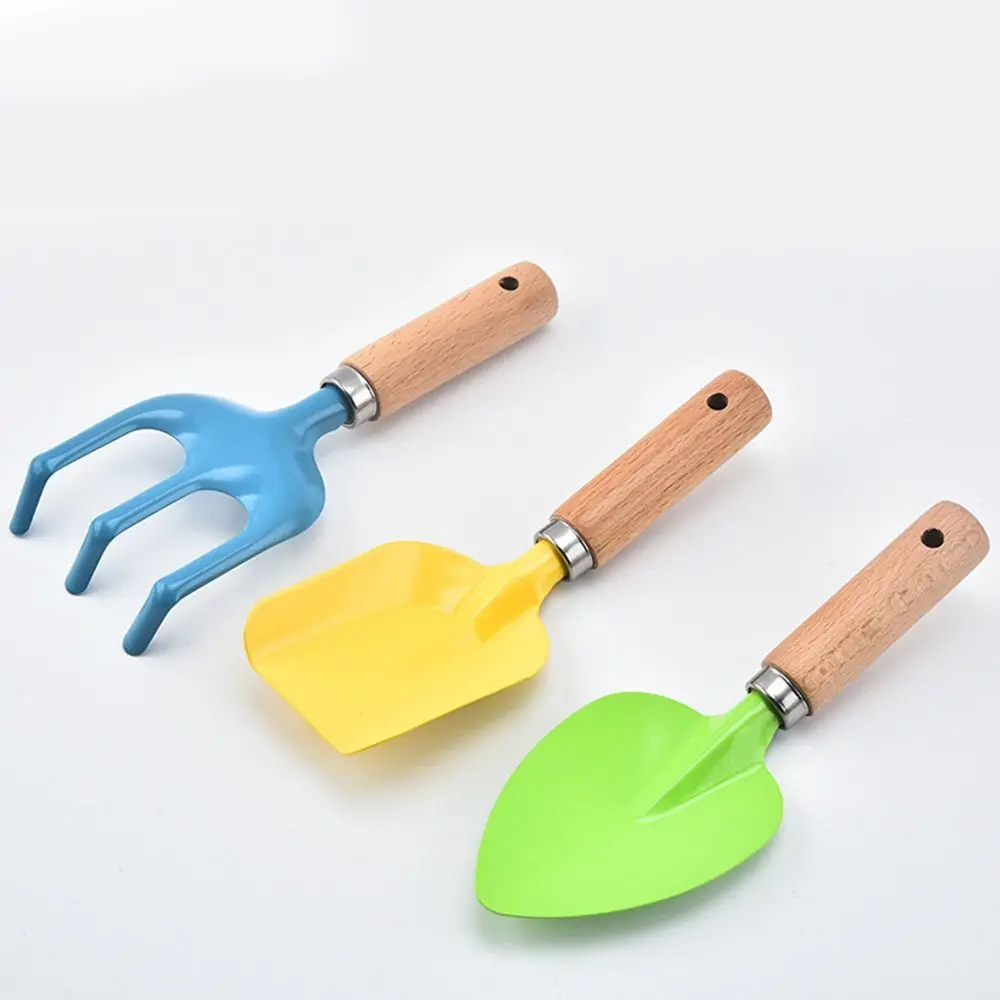 1/ 3PCS Little Gardener Kids Gardening Tools Set Sturdy Wooden Handle Shovel Rake Fork Children Garden Tool Safe Candy Color