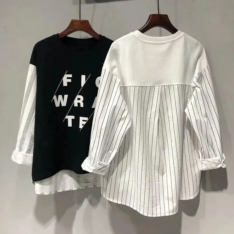 O-neck Long sleeve Women\'s Clothing Pullovers Sweatshirts printing Striped Letter Casual Fashion Loose streetwear Autumn thin