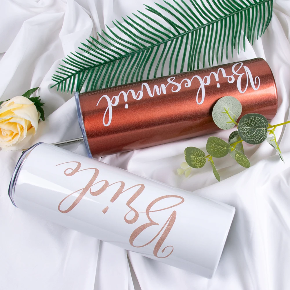 White Rose Gold Bride Bridesmaid Stainless Steel Wine Tumblers Wedding Gifts Reusable Water Cup Bachelorette Party Supplies