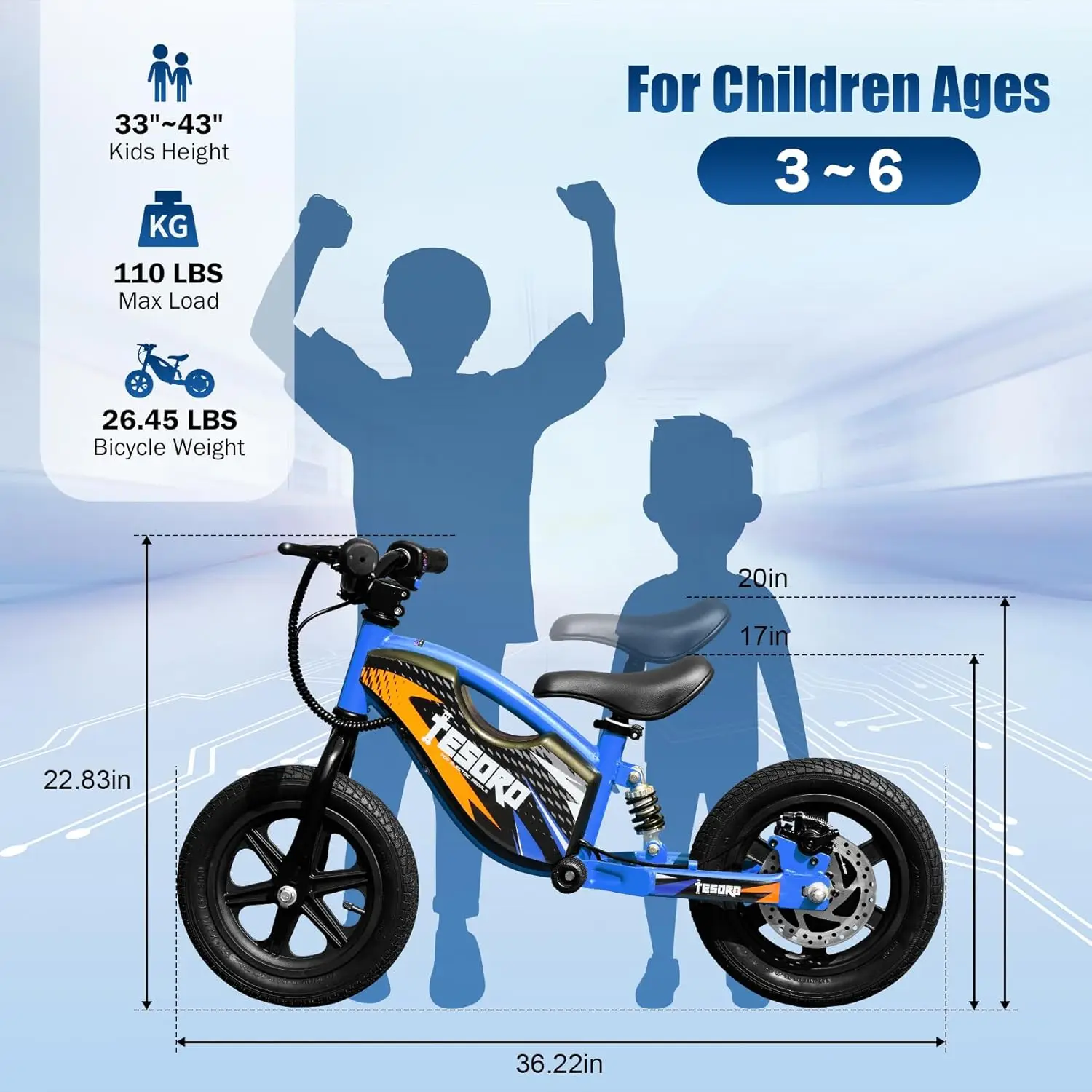 어린이용 전기 밸런스 자전거, 3-6, 24V, 150W, 9.3MPH, 어린이 전기 더트 바이크, 속도 조절 가능, 12 인치 Ele