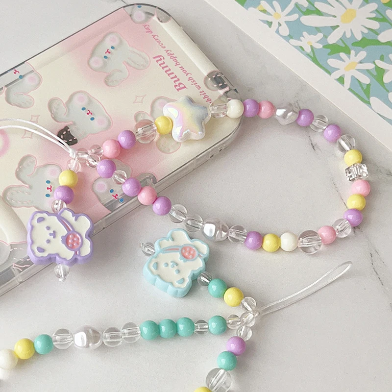 Cute Bear Charm Star Colored Beaded Mobile Phone Chain Lanyard Girly Sweet Wrist Strap Phone Case Rope Keychain Bag Pendant Gift