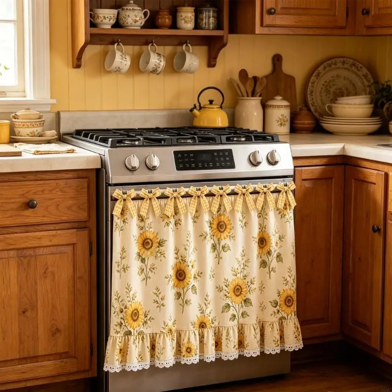 Farmhouses Cooktops Stove Skirts Oven Curtain With 9 Ribbons For Adjustable Fit J0MC