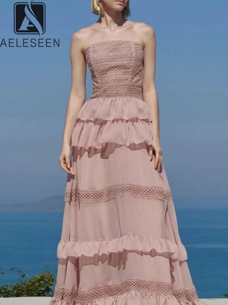 

AELESEEN Designer Fashion Spring Summer Midi Dress Women New Spaghetti Strap Lace Hollow Retro Layer Ruffled Casual Camisole