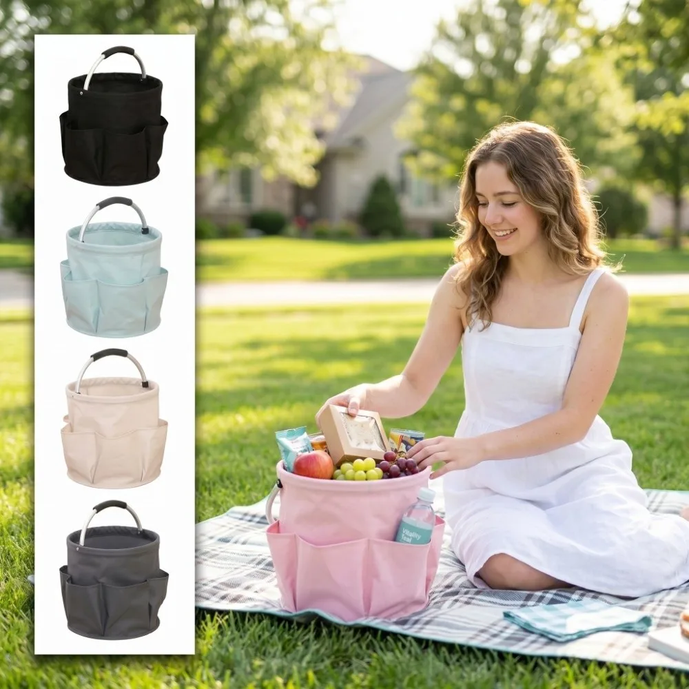 

Large Capacity Foldable Storage Bag Multi-Pocket Portable Picnic Basket with Drawstring Mouth Water-Resistant