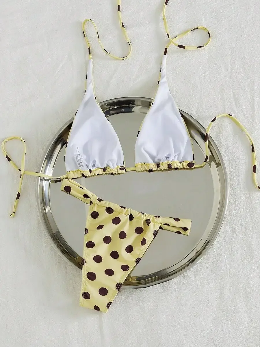 

Womens Yellow Brown Polka Dot Halter Tie-Back Bikini Set For Beach Summer Vacation