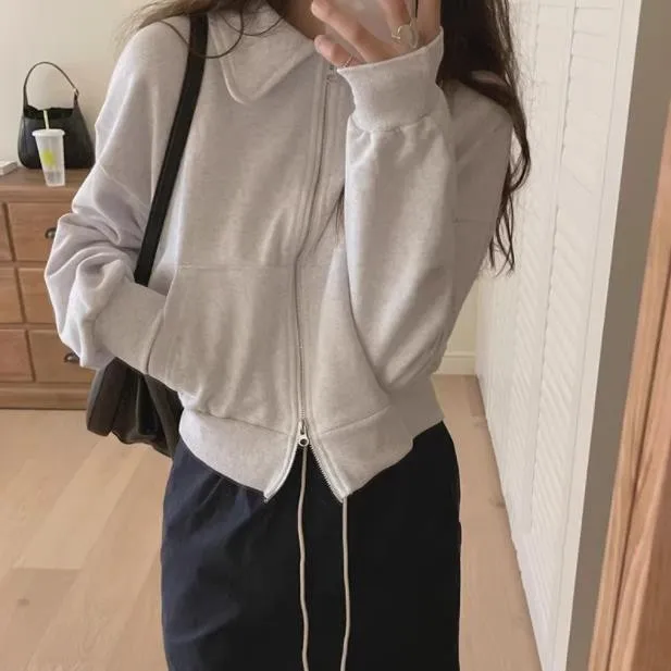Unique SEI Women's Zipper Long Sve ort Hoodie Jaet Korean Sle Commute Faion Pure Color  Collar Loose Cardigan