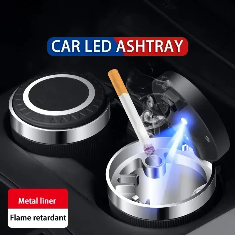 Car Ashtray With Lid Blue Led Smell Proof Portable Ashtray Cup For Auto Fireproof Shell One Touch Open Car Accessories