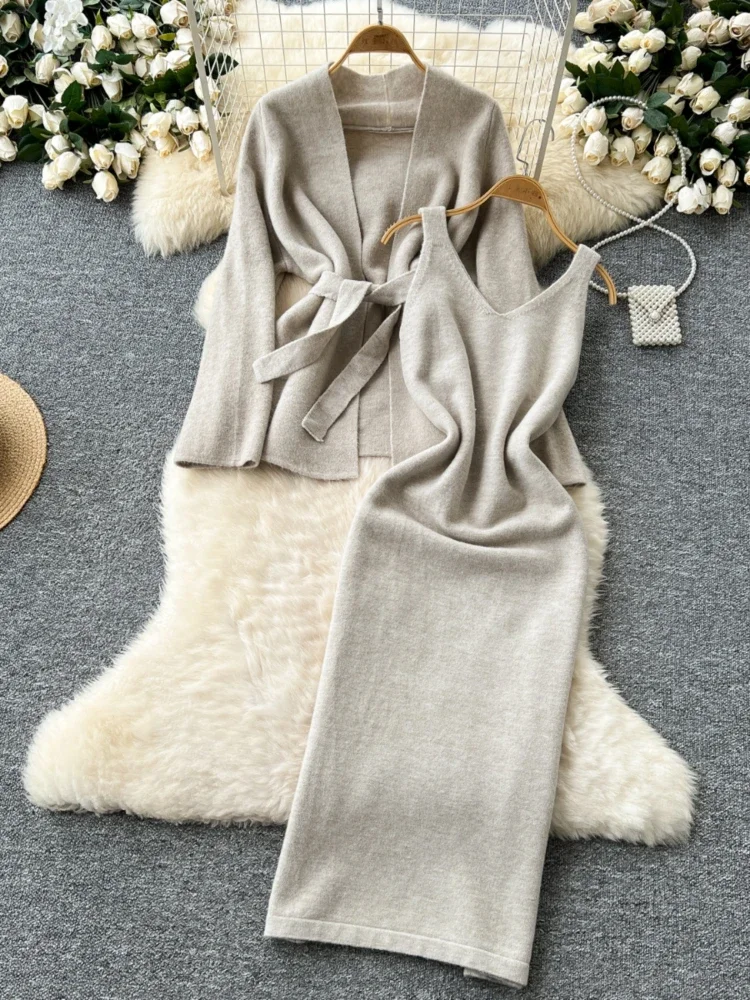 Women Elegant Sweater Two Piece Sets Autumn Winter Sleeveless Knitted Dress+long Sleeved Loose Long Sweater Vintage Suits