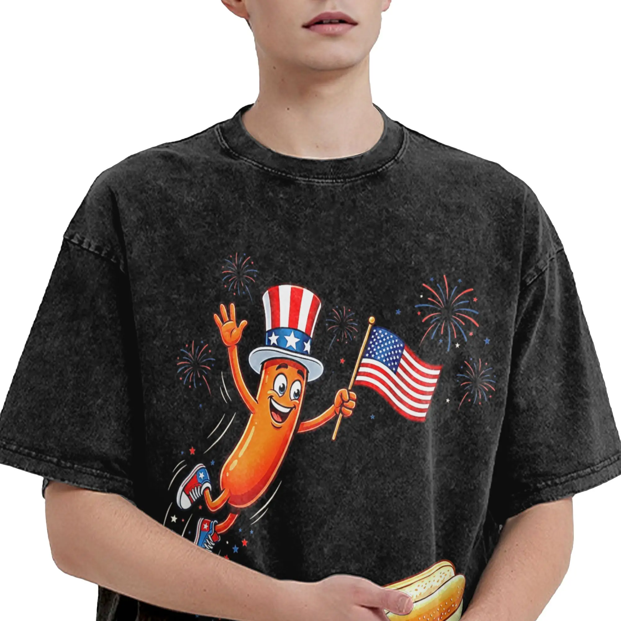 Hotdog Freedom Dive Funny Hot Dog Jumping Into Bun  Washed T Shirts Streetwear Hip Hop Casual T-Shirts  Tees Men Women
