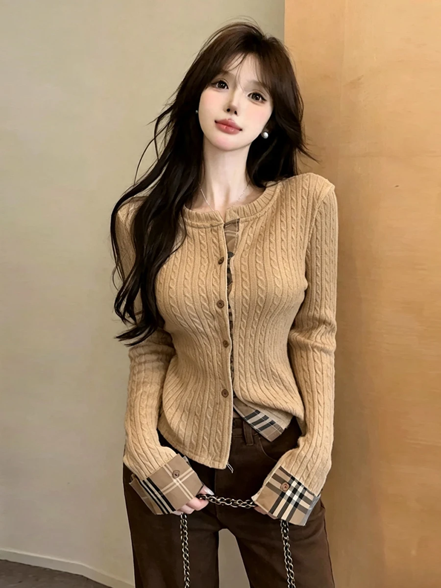 Korean Style Soft Long Sleeve round Neck Splice Ribbed Slim Fit Plaid Open Cardigan Single Button Fashionable Knitted Sweater...
